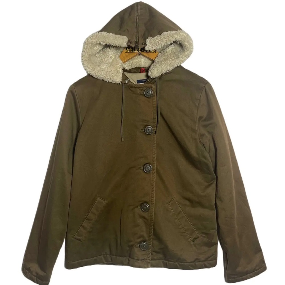 J. Crew Hooded Faux Fur Lined Bomber Jacket Brown with Cream Hood Size XS